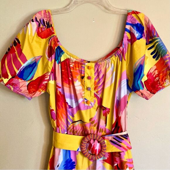 SOLD FARM Rio Neon Macaws Maxi Dress Beaded Tropical Bird Yellow Pink Size L - Picture 8 of 16
